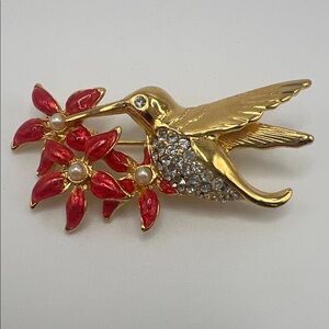 Vintage Brooch Hummingbird Flower Gold Tone Orange Enamel Flowers Rhinestones